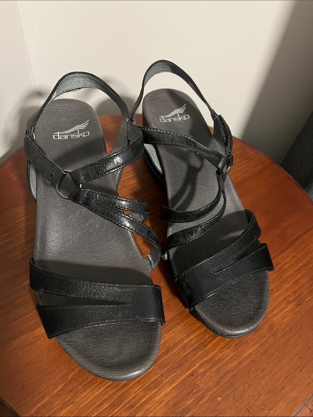 Dansko Black Leather Multi-Strap Wedge Sandals